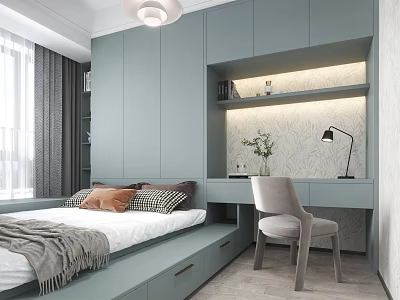 Modern Tatami Bedroom Interior Design With Tatami Bed Storage Cabinets And Desk Chair 3d model