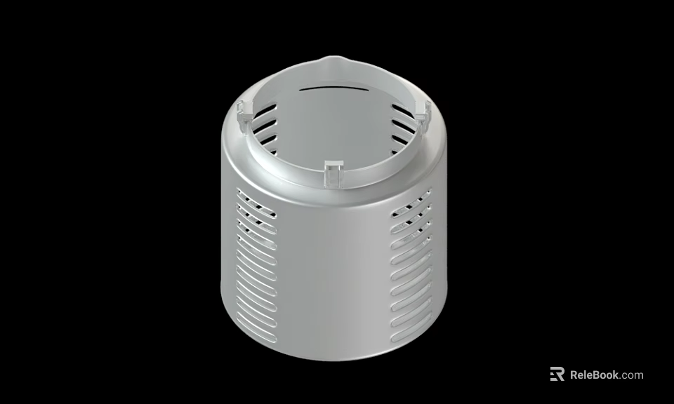 Silver Cylindrical Metal Component With Perforated Sides And Grooved Design 3d model 