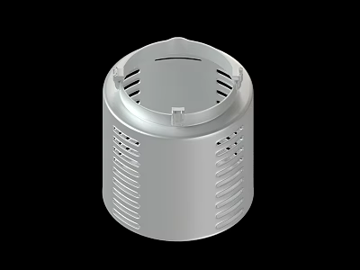 Silver Cylindrical Metal Component With Perforated Sides And Grooved Design 3d model