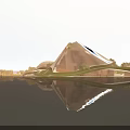 Modern Museum Building with Glass Pyramid Structure and Water Reflection at Sunset Surrounded by Trees
