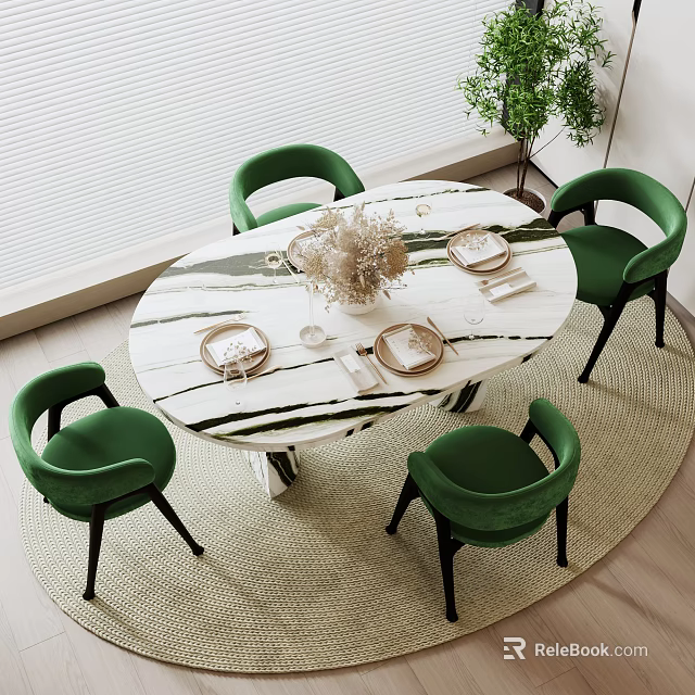 Modern Dining Table Set With Oval White Marbled Top And Four Green Upholstered Chairs 3d model 