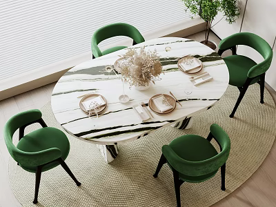 Modern Dining Table Set With Oval White Marbled Top And Four Green Upholstered Chairs 3d model