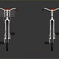 Two White Bicycles With Red Seats Handlebars And Front Basket On Gray Background