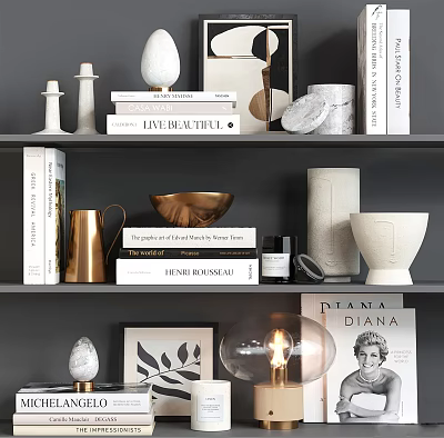 Modern Decorative Ornament Set with Vases Books Candle Holders Bowl and Picture Frame on Shelf 3d model