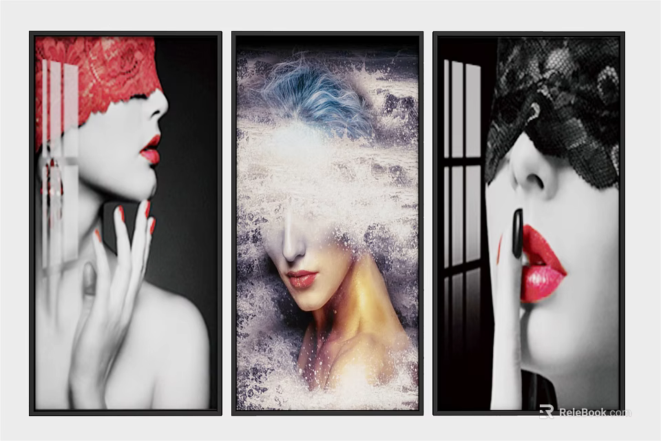 Three Panel Portrait Paintings Featuring Lace Blindfold Red Lips And Blue Hair 3d model 