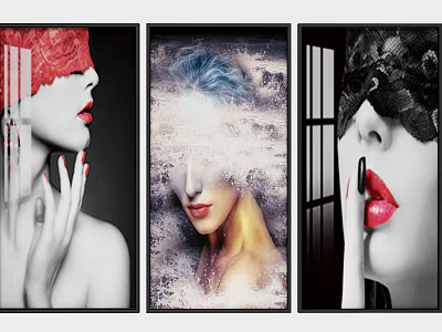 Three Panel Portrait Paintings Featuring Lace Blindfold Red Lips And Blue Hair 3d model