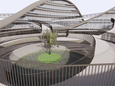 Modern Office Building With Curved Glass Facade Central Courtyard Green Lawn And Tree 3d model