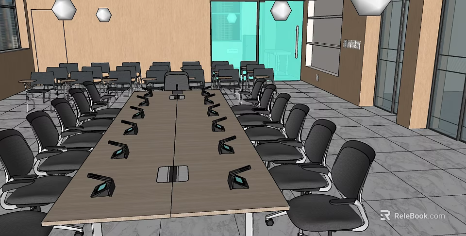 Modern Conference Room Interior With Long Wooden Table Black Chairs Ceiling Lights And Glass Windows 3d model 