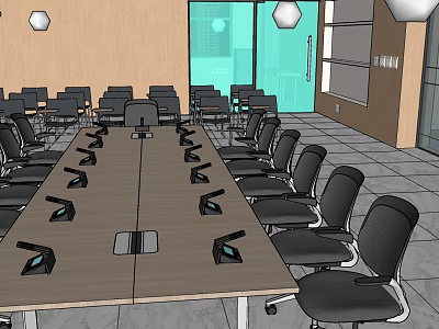 Modern Conference Room Interior With Long Wooden Table Black Chairs Ceiling Lights And Glass Windows 3d model