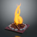Outdoor Fire Pit With Burning Flames Surrounded By Stones On Red Square Base
