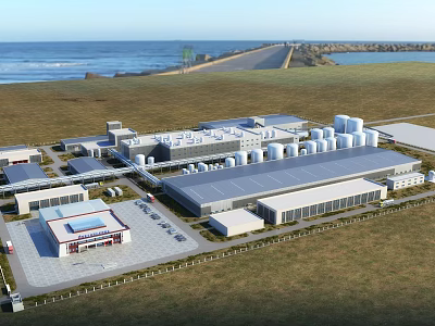 Modern Large Scale Industrial Factory With Multiple Buildings Near Coastal Grassland 3d model