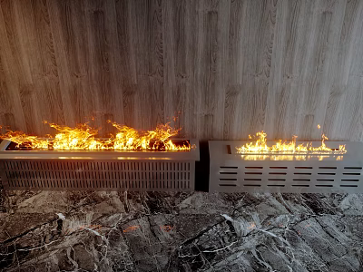 Two Modern Fireplaces With Burning Flames Grill Design And Wooden Wall Background 3d model