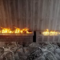 Two Modern Fireplaces With Burning Flames Grill Design And Wooden Wall Background