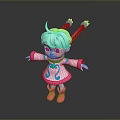 Child with teal pigtails green eyes pink white dress blue patterns pink shoes arms outstretched
