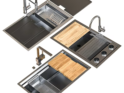 Modern Stainless Steel Kitchen Sink With Wooden Cutting Board And Faucet Design 3d model