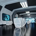 Futuristic Modern Interior Featuring Geometric Counters Blue Screens Sleek Floors And Metallic Ceiling
