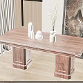 Solid Wood Dining Table With Double Pedestal Legs And White Decorative Ornaments 3d model