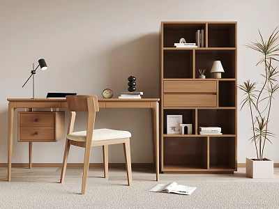 Modern Wooden Desk and Chair Set with Bookshelf Books Lamp Laptop and Potted Plant 3d model