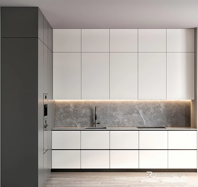 Modern Kitchen With White Cabinets Marble Countertop And Under Cabinet Lighting 3d model 