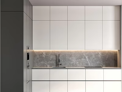 Modern Kitchen With White Cabinets Marble Countertop And Under Cabinet Lighting 3d model
