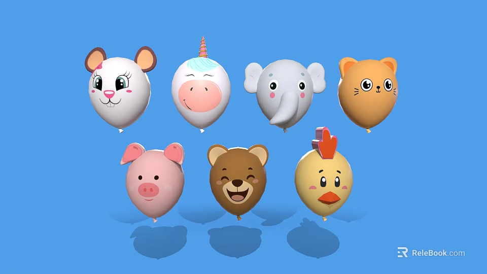 Daily Life Cute Animal Shaped Balloons With Mouse Unicorn Elephant Cat Pig Bear Chicken 3d model 