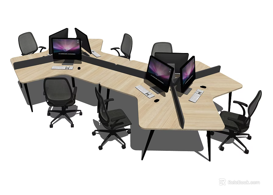 Modern Modular Office Desk Setup With Multiple Computer Monitors And Black Office Chairs 3d model