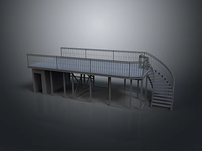 Modern Minimalist Industrial Metal Platform Structure With Spiral Staircase And Railing 3d model
