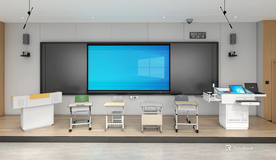 Modern School Classroom With Interactive Large Screen Blackboard And Student Desks 3d model 