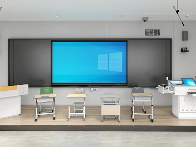 Modern School Classroom With Interactive Large Screen Blackboard And Student Desks 3d model