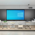 Modern School Classroom With Interactive Large Screen Blackboard And Student Desks