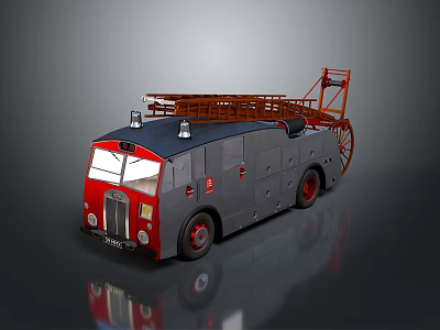 Vintage Fire Truck With Red And Gray Body Ladder On Top And Red Wheels 3d model