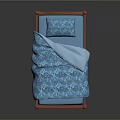 Traditional Wooden Bed With Mahogany Frame Blue Patterned Bedspread And Pillow