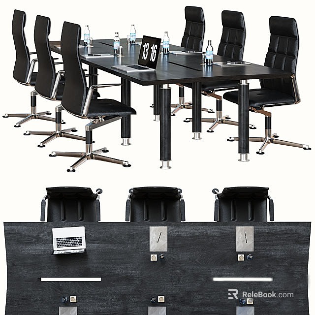 Modern Black Conference Table With Black Chairs Water Bottles Name Plates And Integrated Ports 3d model 