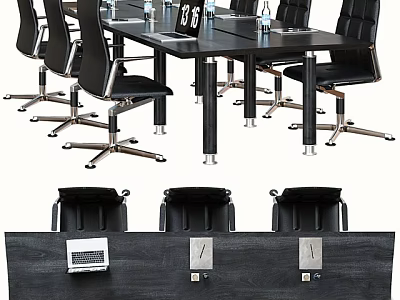 Modern Black Conference Table With Black Chairs Water Bottles Name Plates And Integrated Ports 3d model