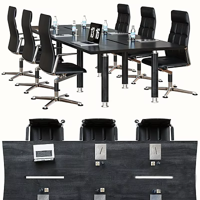 Modern Black Conference Table With Black Chairs Water Bottles Name Plates And Integrated Ports 3d model