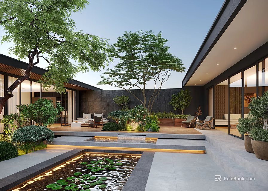 Modern Courtyard Garden Featuring Pond Lily Pads Green Plants Outdoor Furniture and Large Windows 3d model 