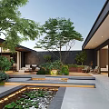 Modern Courtyard Garden Featuring Pond Lily Pads Green Plants Outdoor Furniture and Large Windows