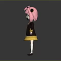 Pink Haired Green Eyed Girl With Cat Ears In Black Yellow Outfit And Bow Tie