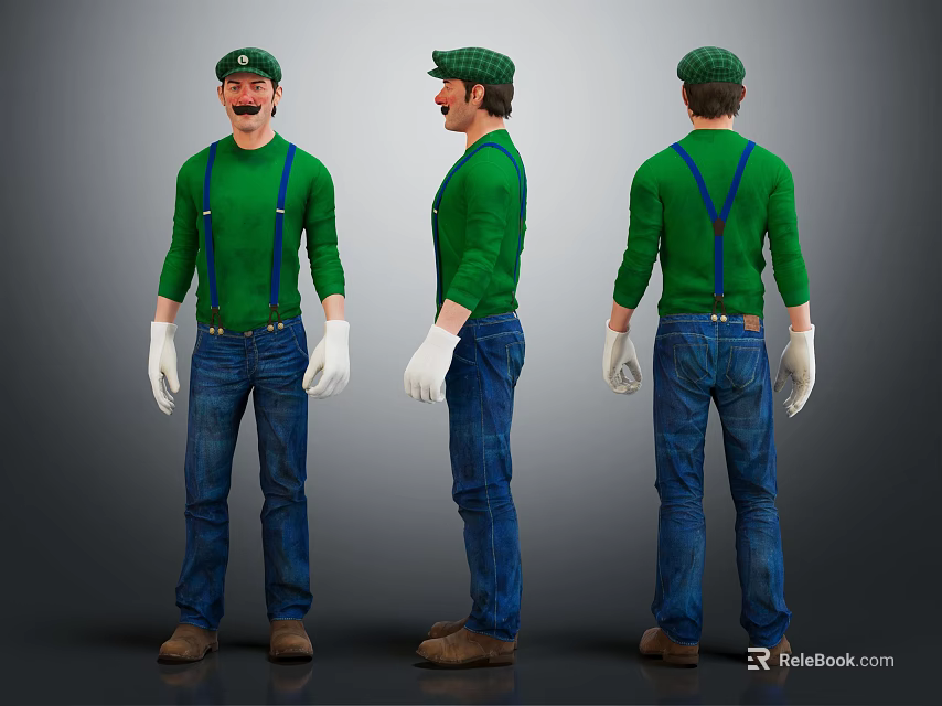 Character Design Front Side Back Views Green Shirt Blue Suspenders White Gloves 3d model 
