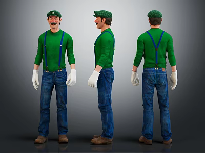 Character Design Front Side Back Views Green Shirt Blue Suspenders White Gloves 3d model