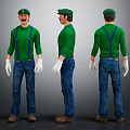 Character Design Front Side Back Views Green Shirt Blue Suspenders White Gloves