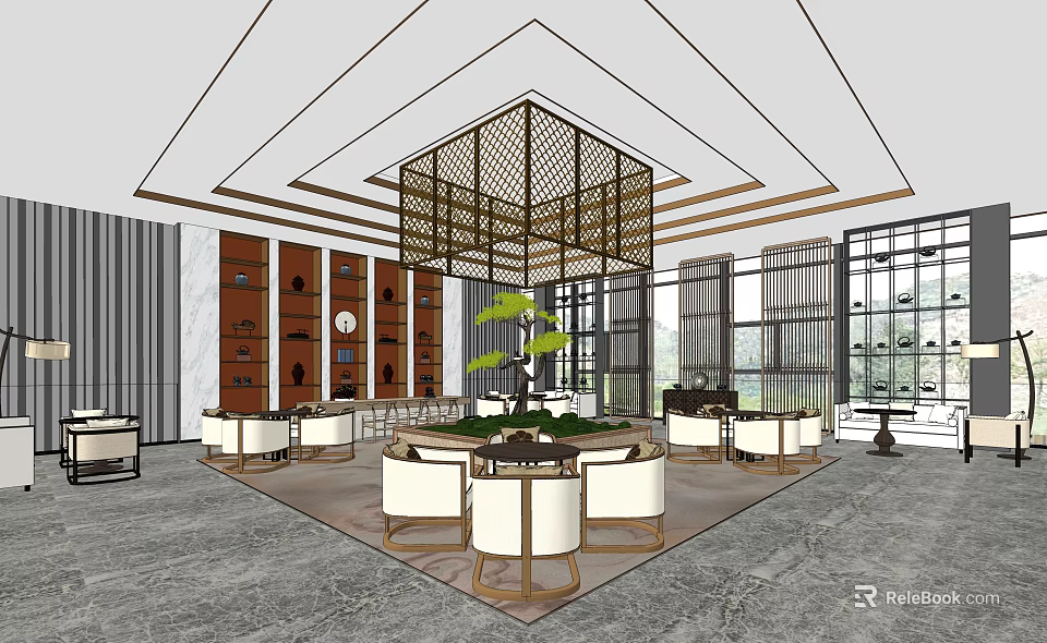 Modern Sales Office Interior With Grid Decor Round Coffee Table White Sofas And Green Plant 3d model