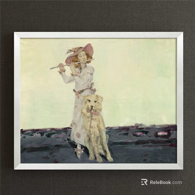 Portrait Painting of Woman in Pink Hat Playing Flute With Yellow Dog Against Light Background 3d model 