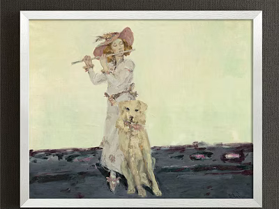 Portrait Painting of Woman in Pink Hat Playing Flute With Yellow Dog Against Light Background 3d model