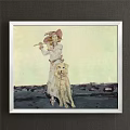 Portrait Painting of Woman in Pink Hat Playing Flute With Yellow Dog Against Light Background