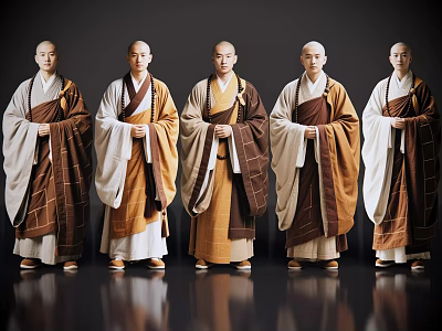 Men In Traditional Robes Standing In A Row On Dark Reflective Floor 3d model