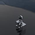 Silver Astronaut Doll Sitting On Metallic Cube With Mountain Trees Background 3d model