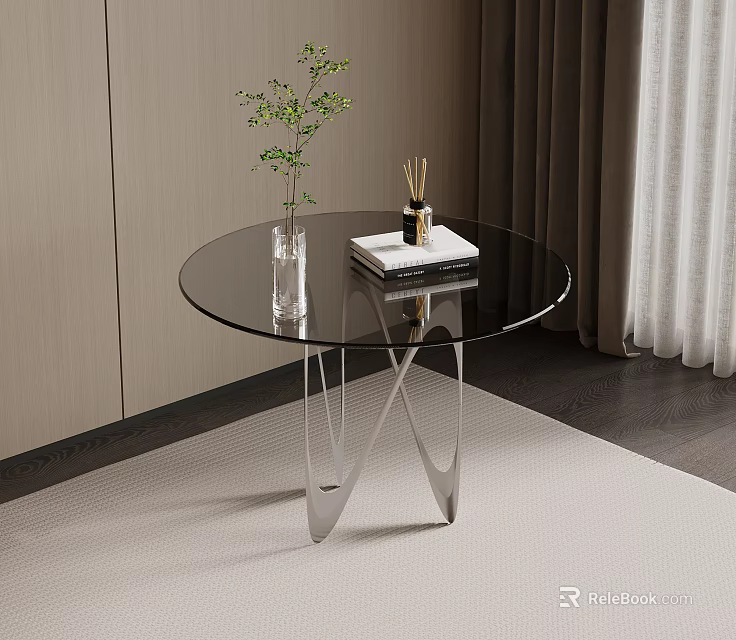 Round Glass Side Table With Metal Cross Frame Green Plant And Book In Modern Interior 3d model 