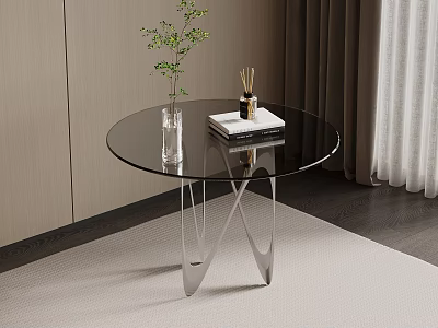 Round Glass Side Table With Metal Cross Frame Green Plant And Book In Modern Interior 3d model
