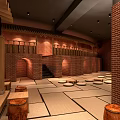 Serene Japanese SPA Sauna Interior With Tatami Seating Wooden Structure And Soft Lighting